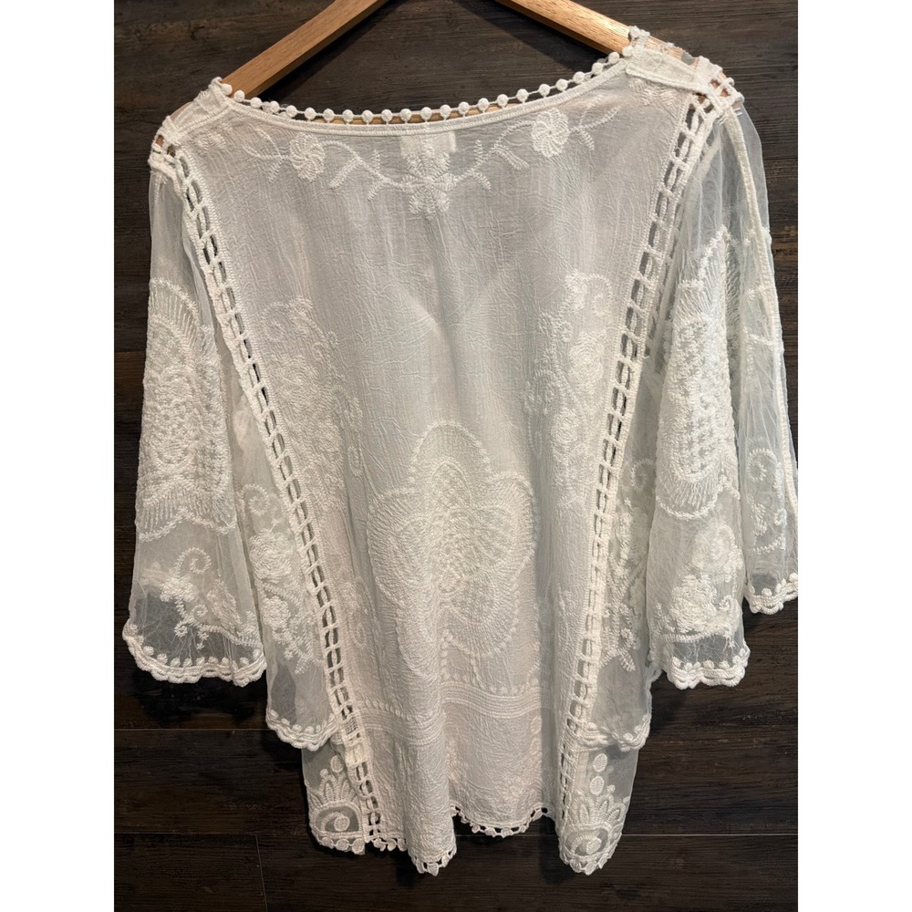 Kindred Womens White Embroidered Mesh Crochet Lace Boho Blouse Top Small - Picture 2 of 6